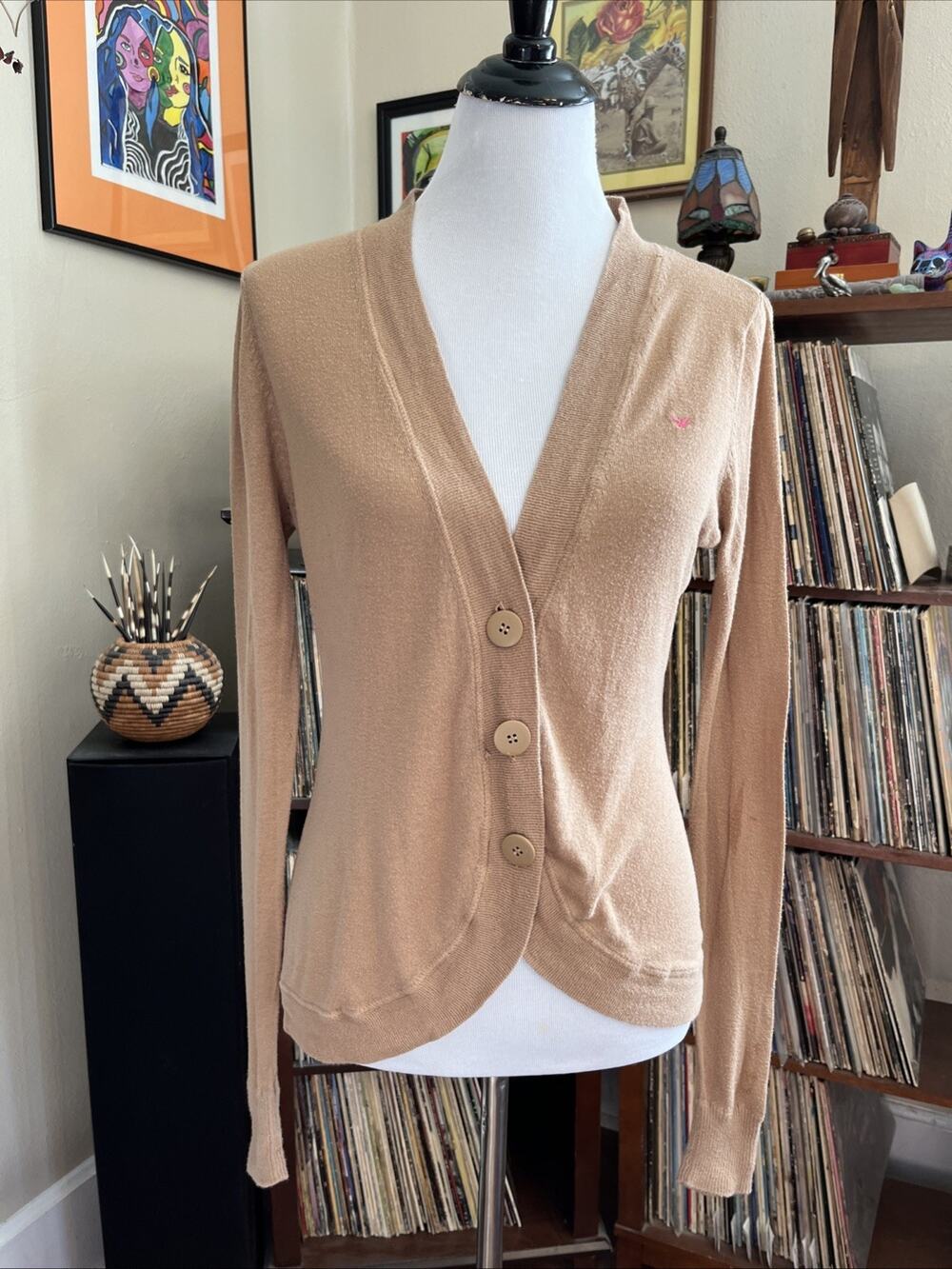 Vintage American Eagle‎ Button Cardigan Womens L Khaki Pink Sweater Knit Y2K